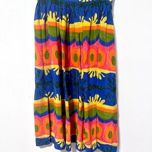 VINTAGE Blue and Yellow Pleated Midi A-Line Skirt 8‎